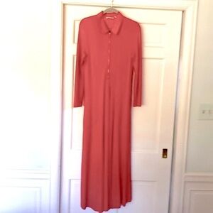 Tailored Maxi Swing Dress Orange & Gold Zipper Long Sleeves Pockets